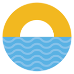 Yellow and blue sun setting over water icon